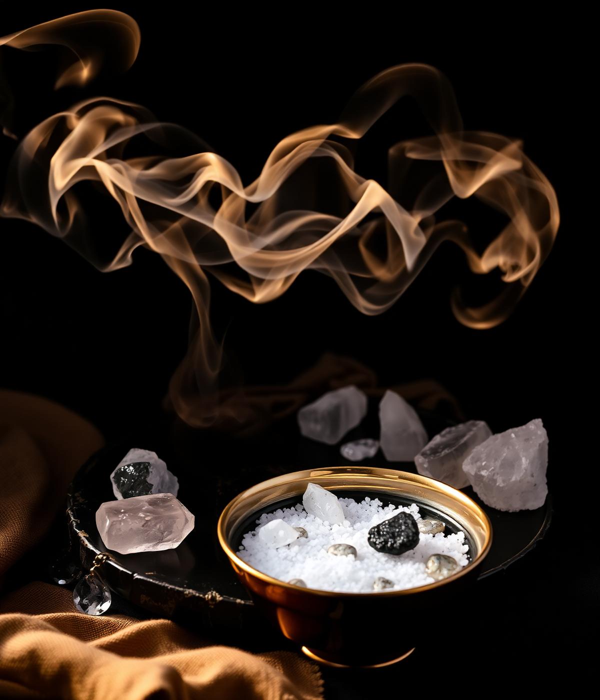 Bacia dourada com sal grosso, cristais de quartzo e fumaça de sálvia
